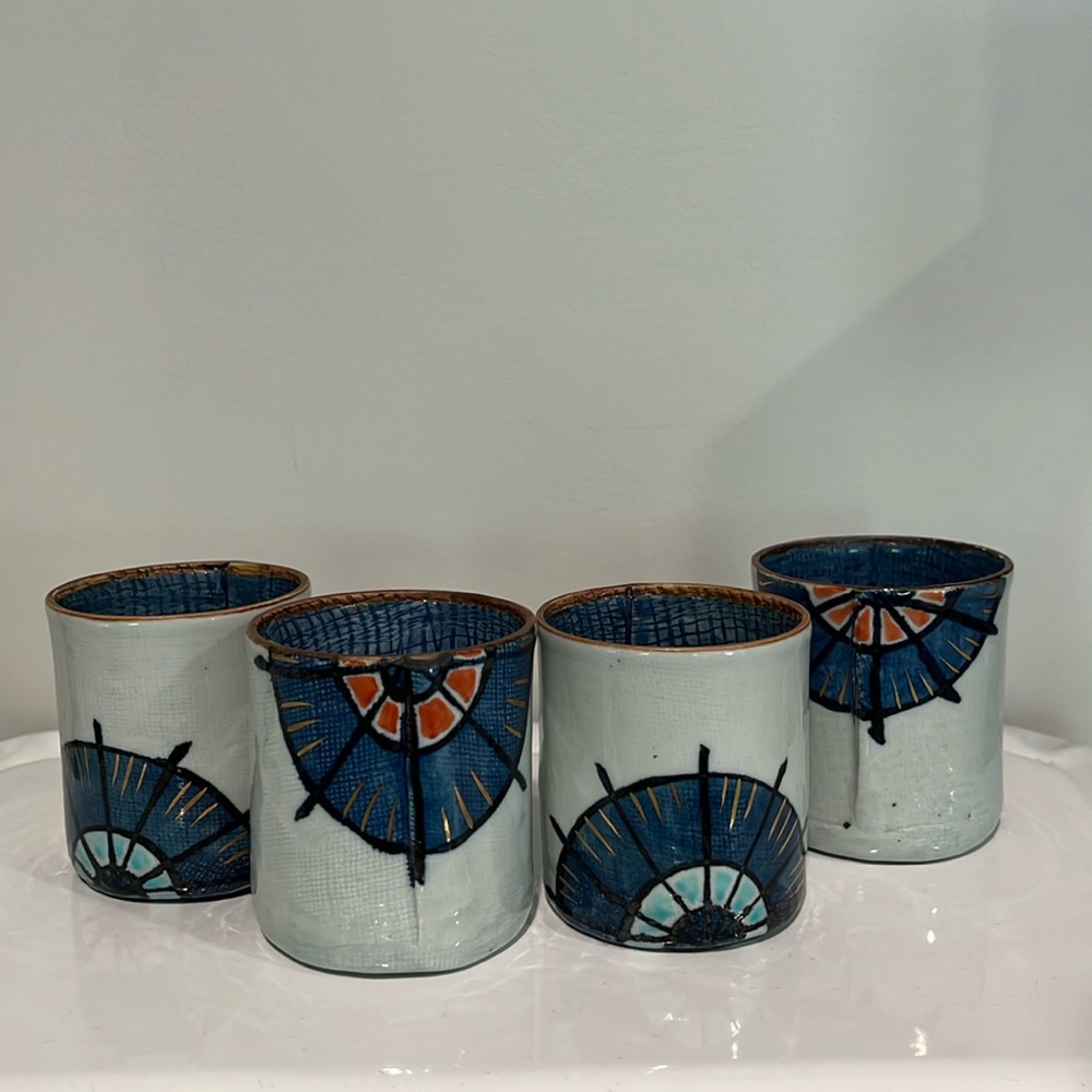 Set of 4-Japanese Style Sake/Tea cups Blue shades with orange, black and gold